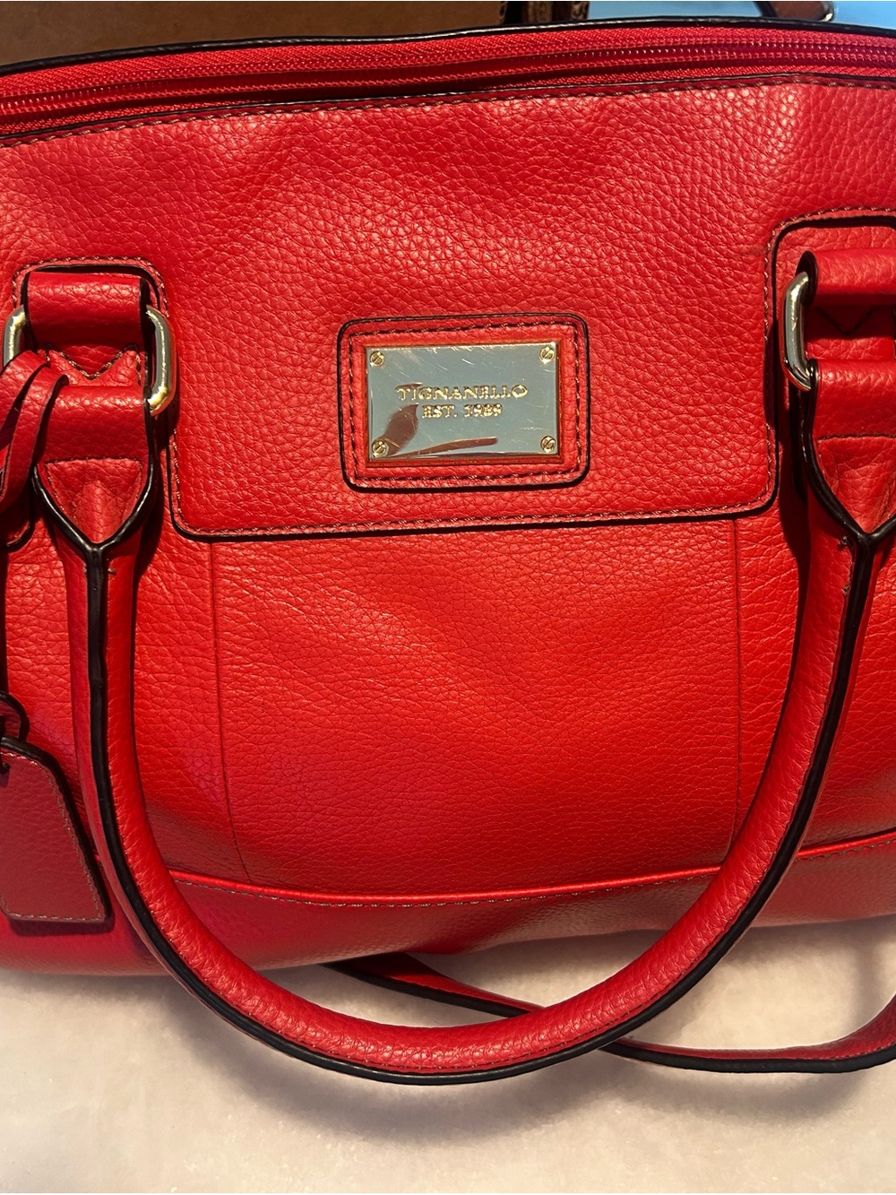Tignanello Red Pebbled Leather Satchel with Gold Plate